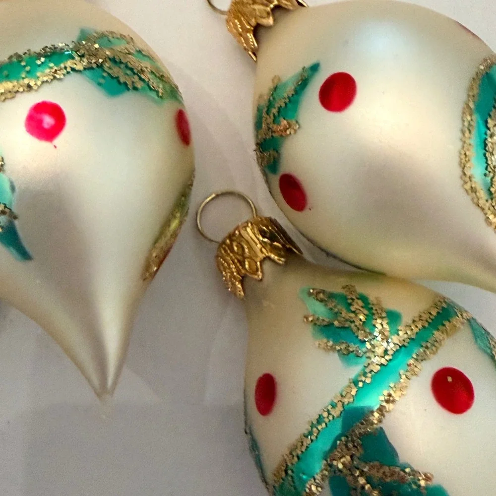 12pc Vintage Glass Christmas Ornaments Champagne Gold Green Holly Teardrop Set
